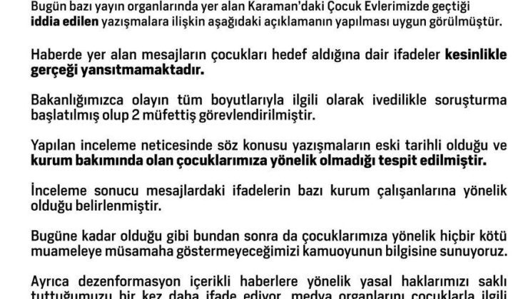 Aile ve Sosyal Hizmetler Bakanlığı: “Mesajların çocukları hedef aldığına dair ifadeler kesinlikle gerçeği yansıtmamaktadır”