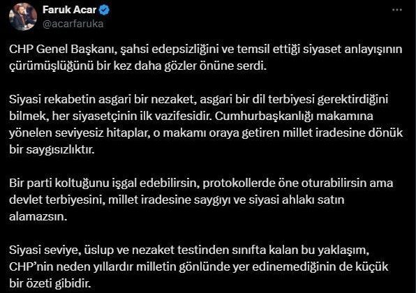 AK Parti Genel Başkan Yardımcısı Acar: “CHP Genel Başkanı, şahsi edepsizliğini bir kez daha gözler önüne serdi”