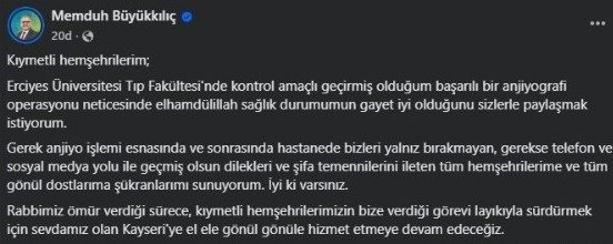 Başkan Büyükkılıç: “Sağlık durumumun gayet iyi olduğunu sizlerle paylaşmak istiyorum”