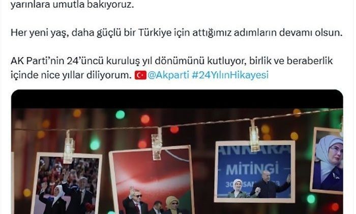 Emine Erdoğan’dan AK Parti’nin 24. kuruluş yıl dönümüne ilişkin paylaşım