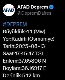 Osmaniye’de 4.1 büyüklüğünde deprem